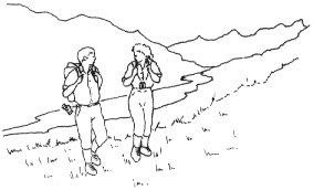 Two walkers on a hill